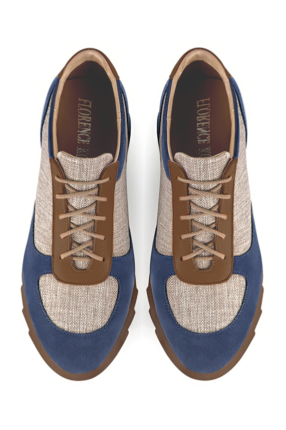 Denim blue, natural beige and caramel brown women's three-tone elegant sneakers. Round toe. Low rubber soles. Top view - Florence KOOIJMAN